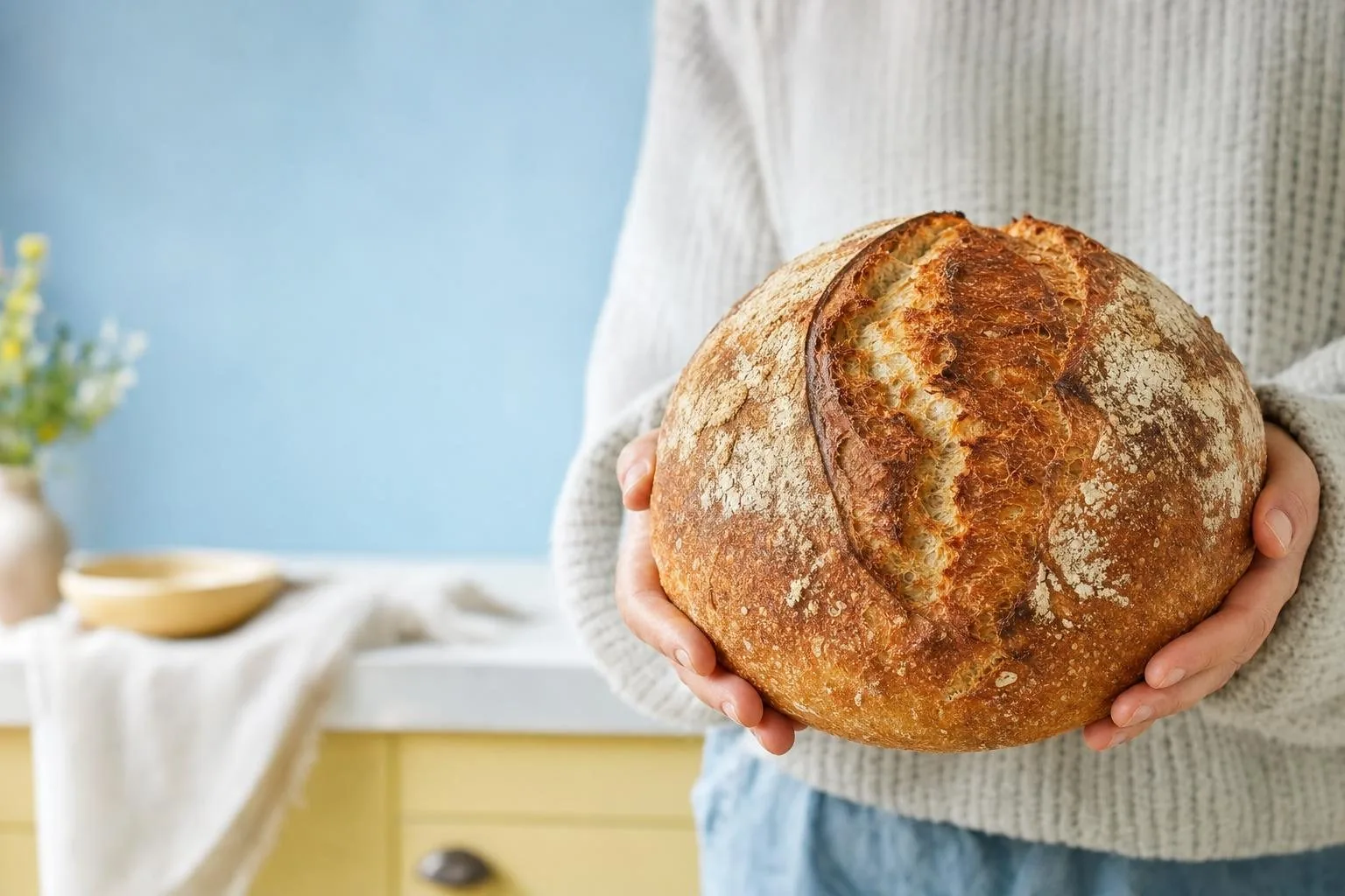 Zwei Hände halten ein rundes, eingeschnittenes Sauerteigbrot vor einer hellblauen Küchenwand (mit AI erstelltes Bild)