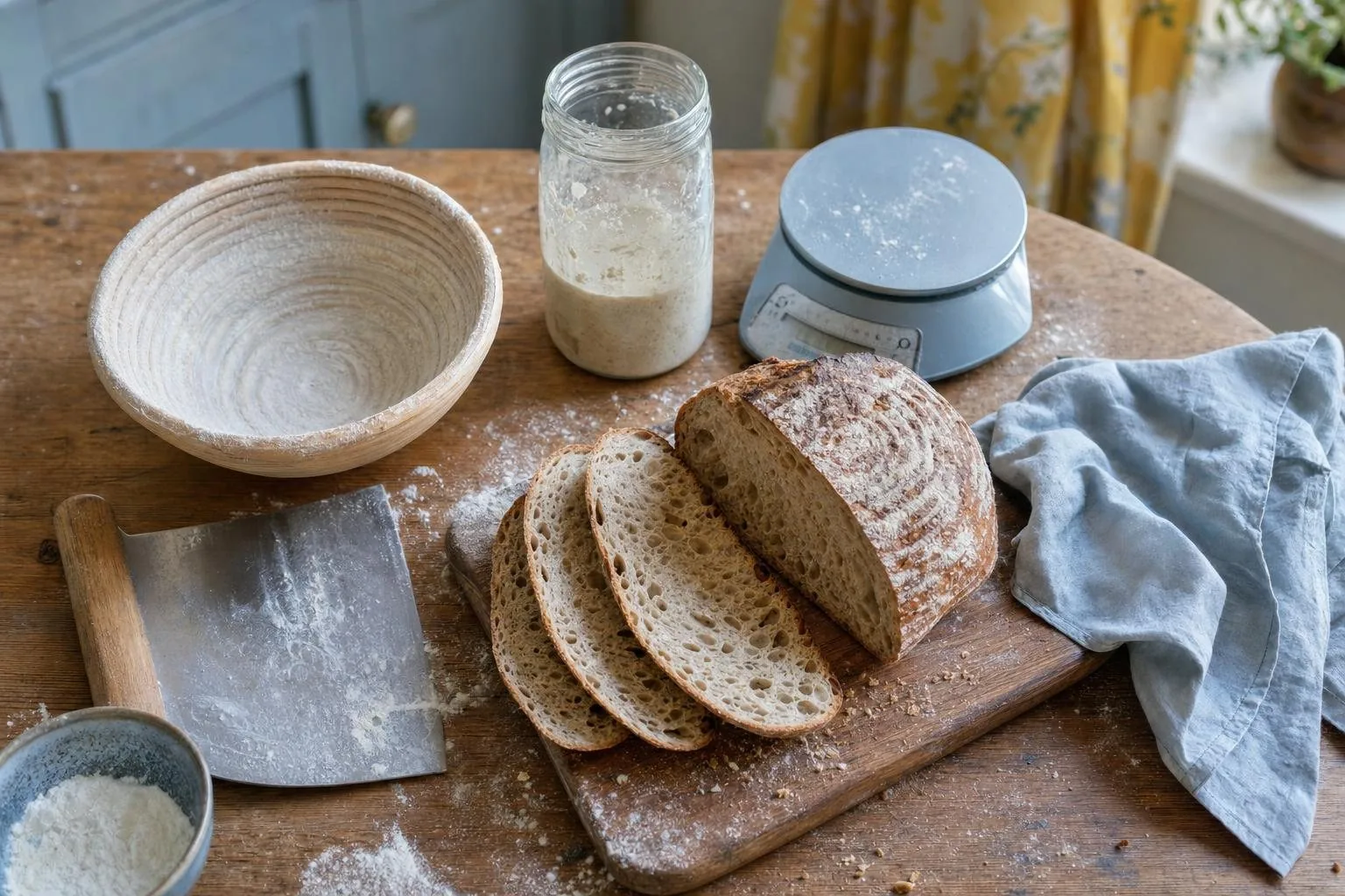Ein Küchentisch am Backtag mit Gärkörbchen, Sauerteigglas, Waage und angeschnittenem Brot (mit AI erstelltes Bild)