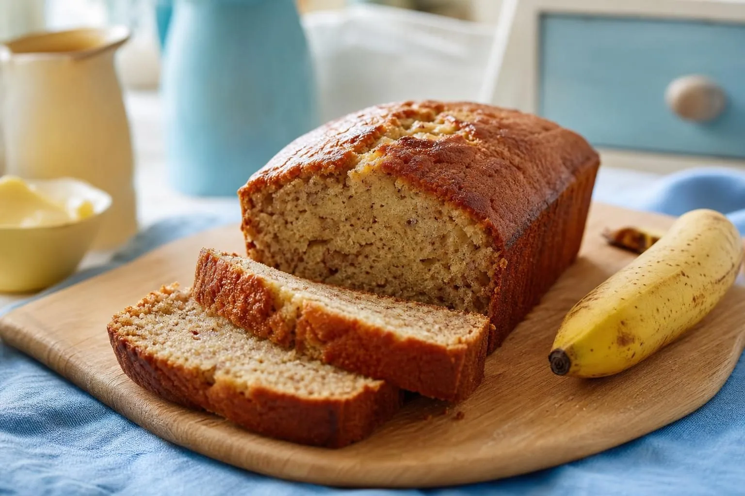 Bananenbrot in Kastenform, einige Scheiben angeschnitten, daneben eine Banane (mit AI erstelltes Bild)