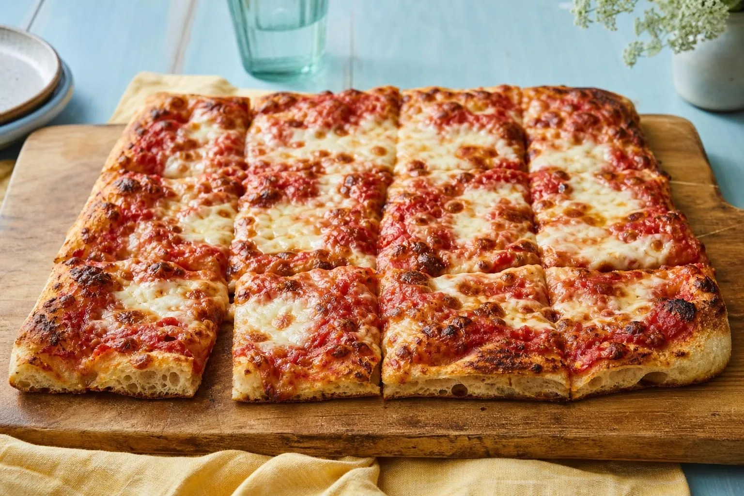 Rechteckige Blechpizza mit Tomate und Mozzarella, in Quadrate geschnitten (mit AI erstelltes Bild)