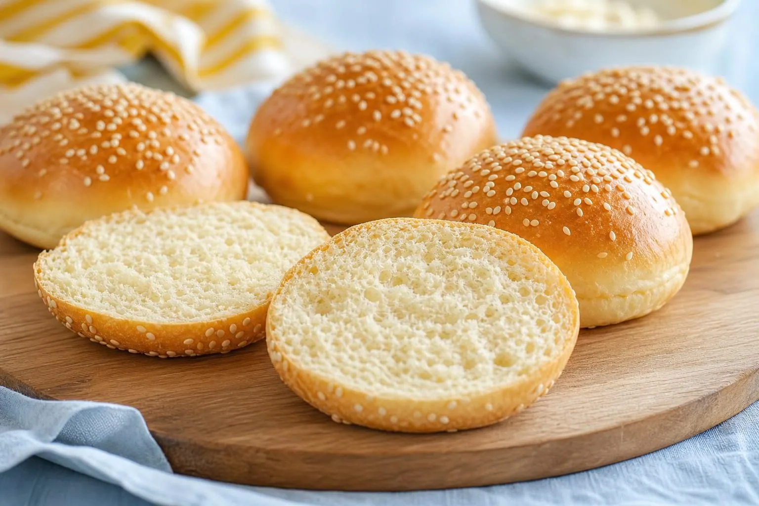 Weiche goldene Burgerbrötchen mit Sesam, eines aufgeschnitten (mit AI erstelltes Bild)