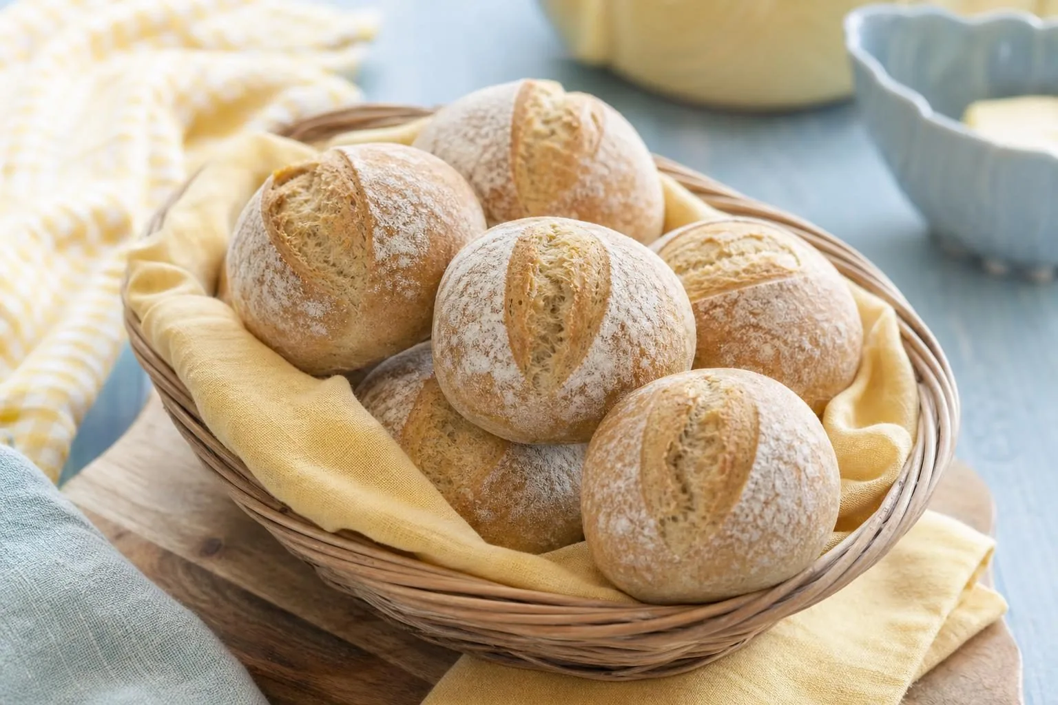 Helle Dinkelbrötchen mit einem Einschnitt in einem Brotkorb (mit AI erstelltes Bild)
