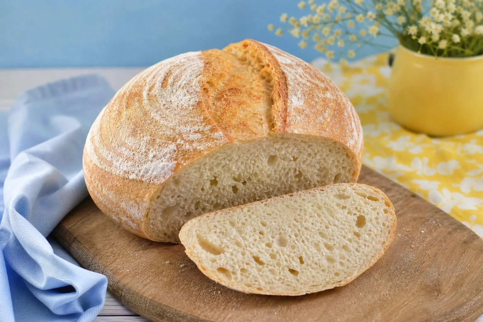 Rundes Dinkelbrot mit heller, bemehlter Kruste, ein Stück angeschnitten (mit AI erstelltes Bild)