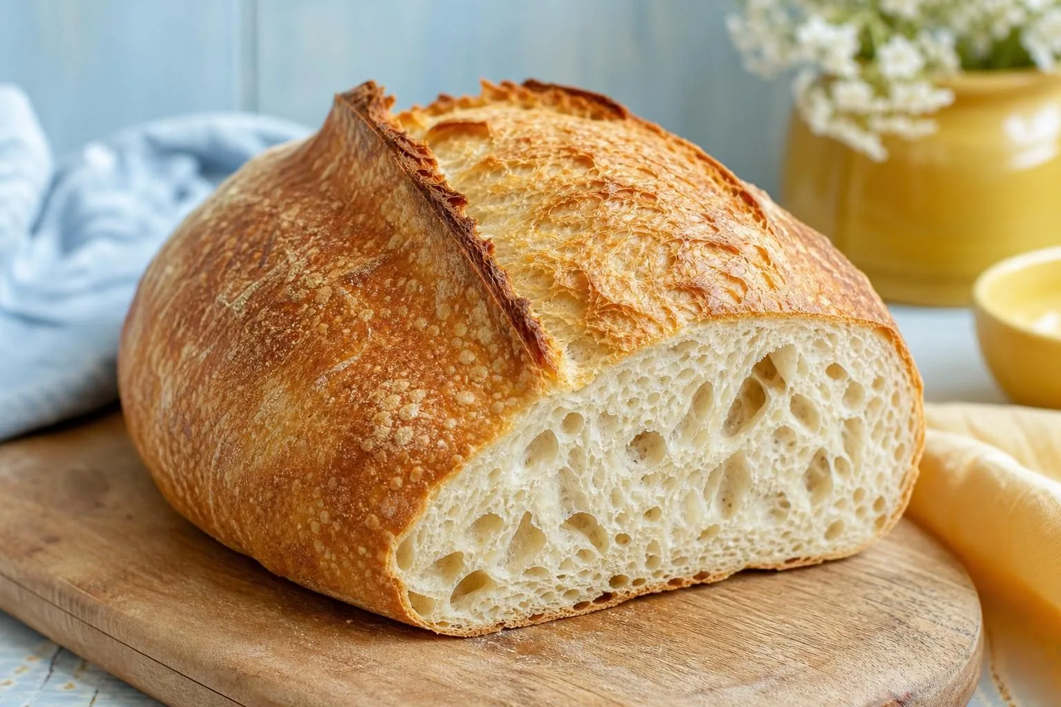 Heller Sauerteiglaib mit goldbrauner, aufgerissener Kruste, angeschnitten mit offener Krume (mit AI erstelltes Bild)