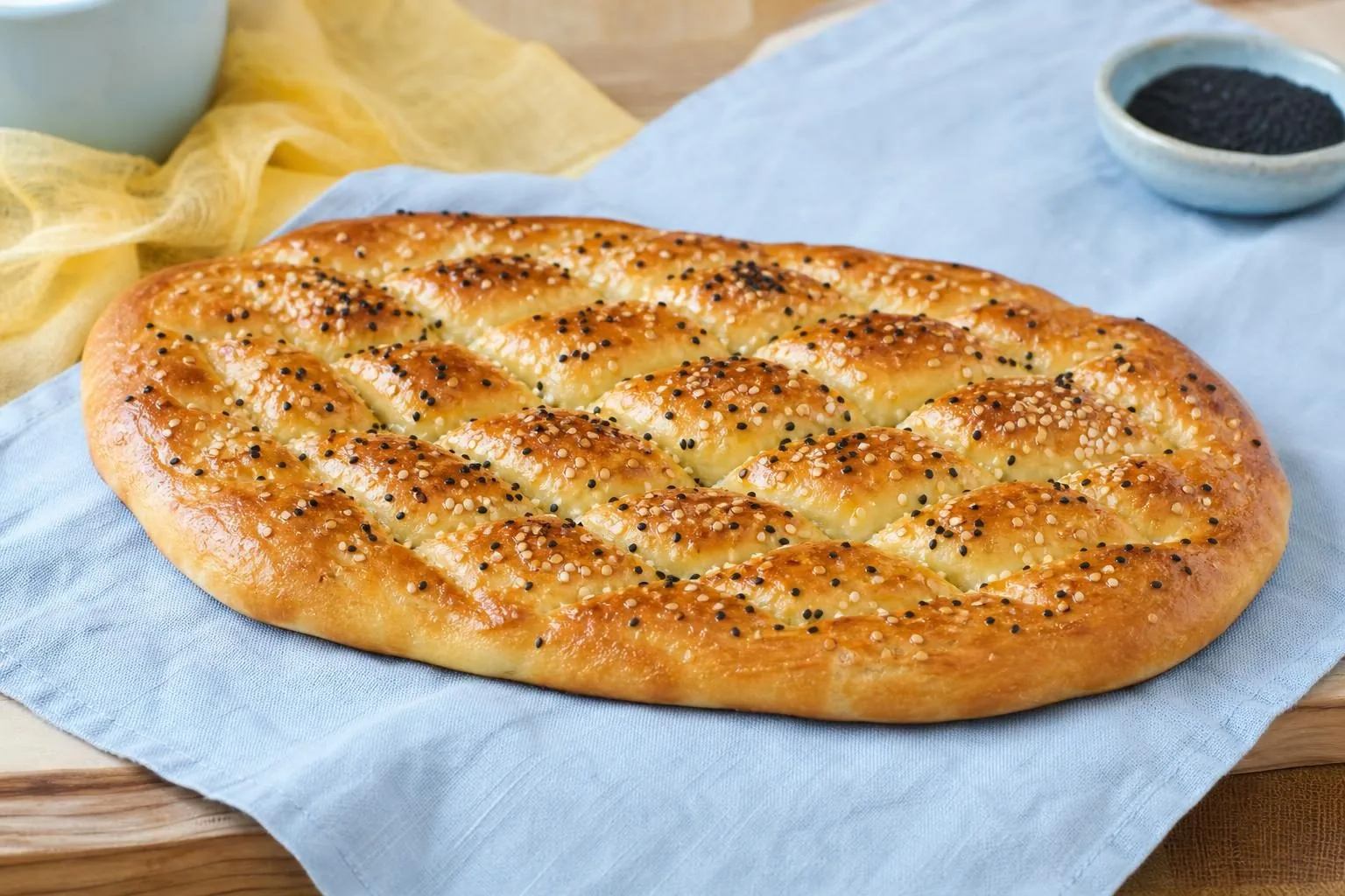 Großes ovales Fladenbrot mit Rautenmuster, Schwarzkümmel und Sesam (mit AI erstelltes Bild)