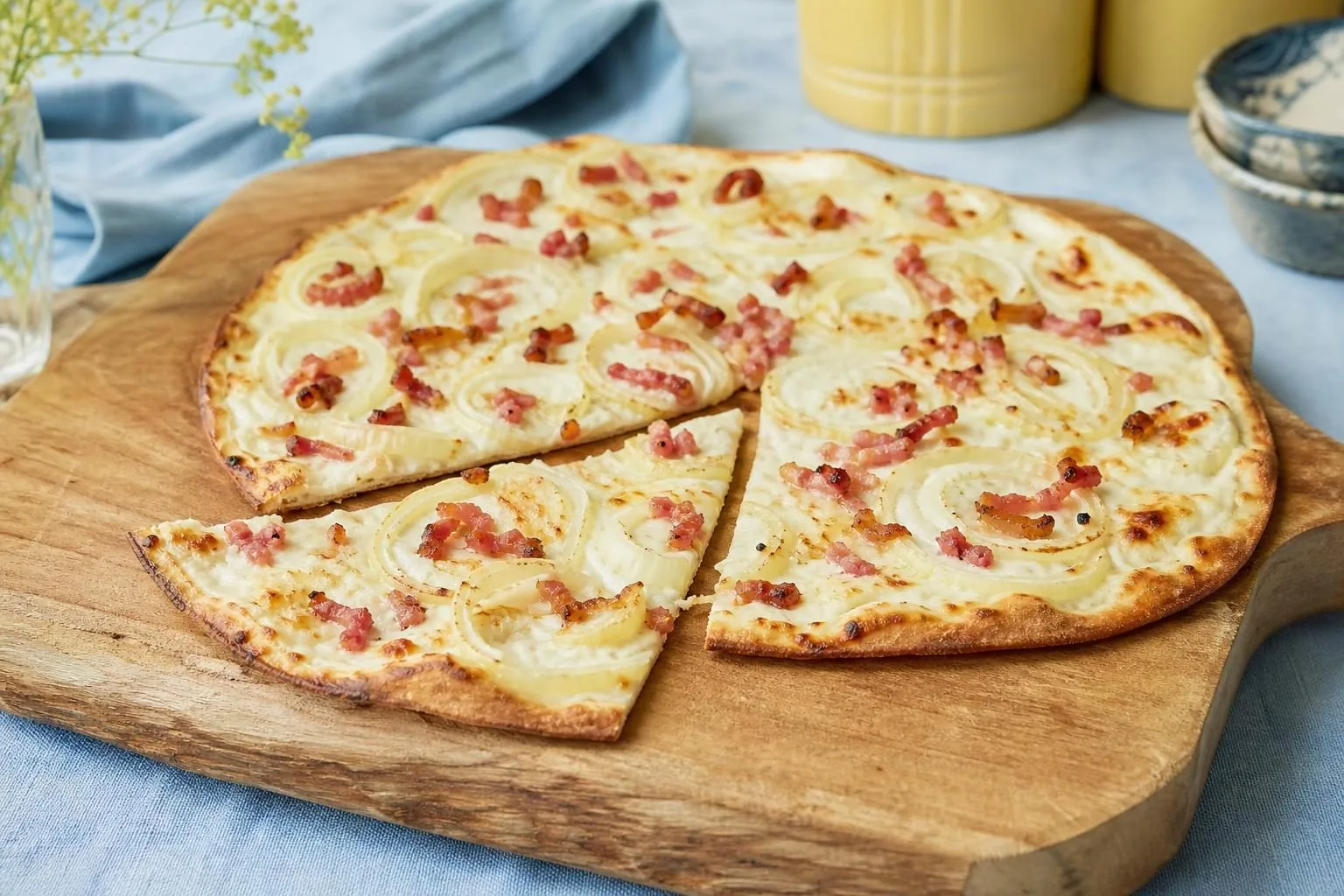 Dünner, knuspriger Flammkuchen mit Crème fraîche, Zwiebeln und Speck auf einem Brett (mit AI erstelltes Bild)