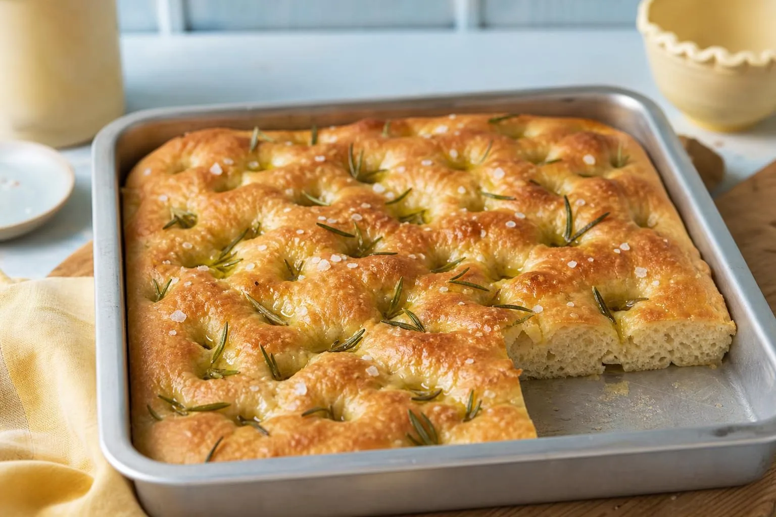Focaccia im Blech mit tiefen Mulden, Olivenöl, Rosmarin und Salz, eine Ecke herausgeschnitten (mit AI erstelltes Bild)