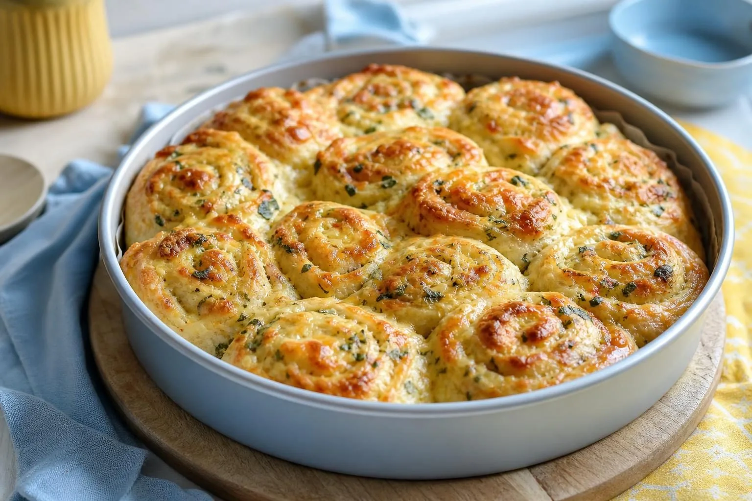 Herzhafte Käse-Kräuter-Schnecken dicht an dicht in einer runden Form (mit AI erstelltes Bild)