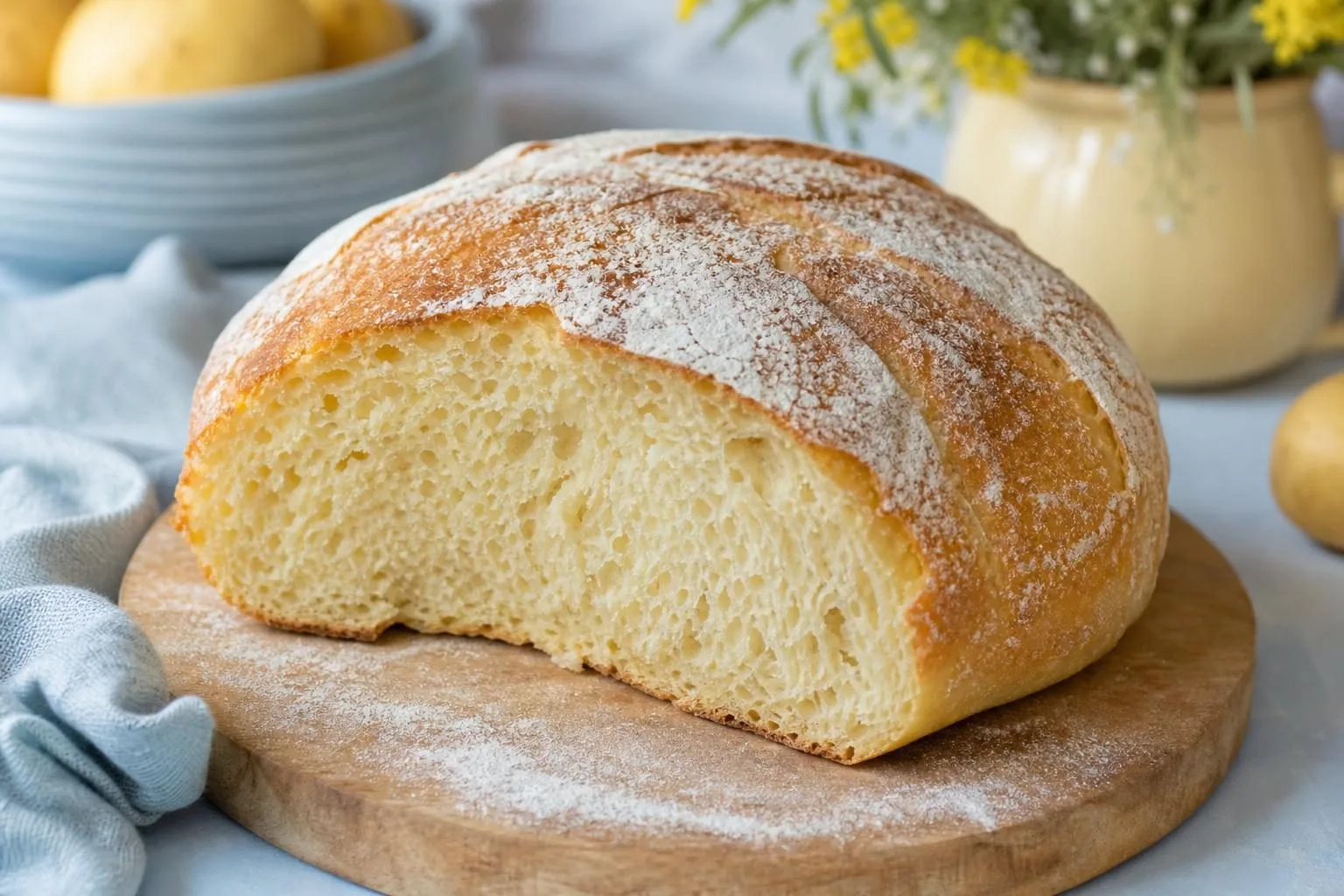 Rundes, weiches Kartoffelbrot mit bemehlter Kruste und sehr saftiger Krume (mit AI erstelltes Bild)