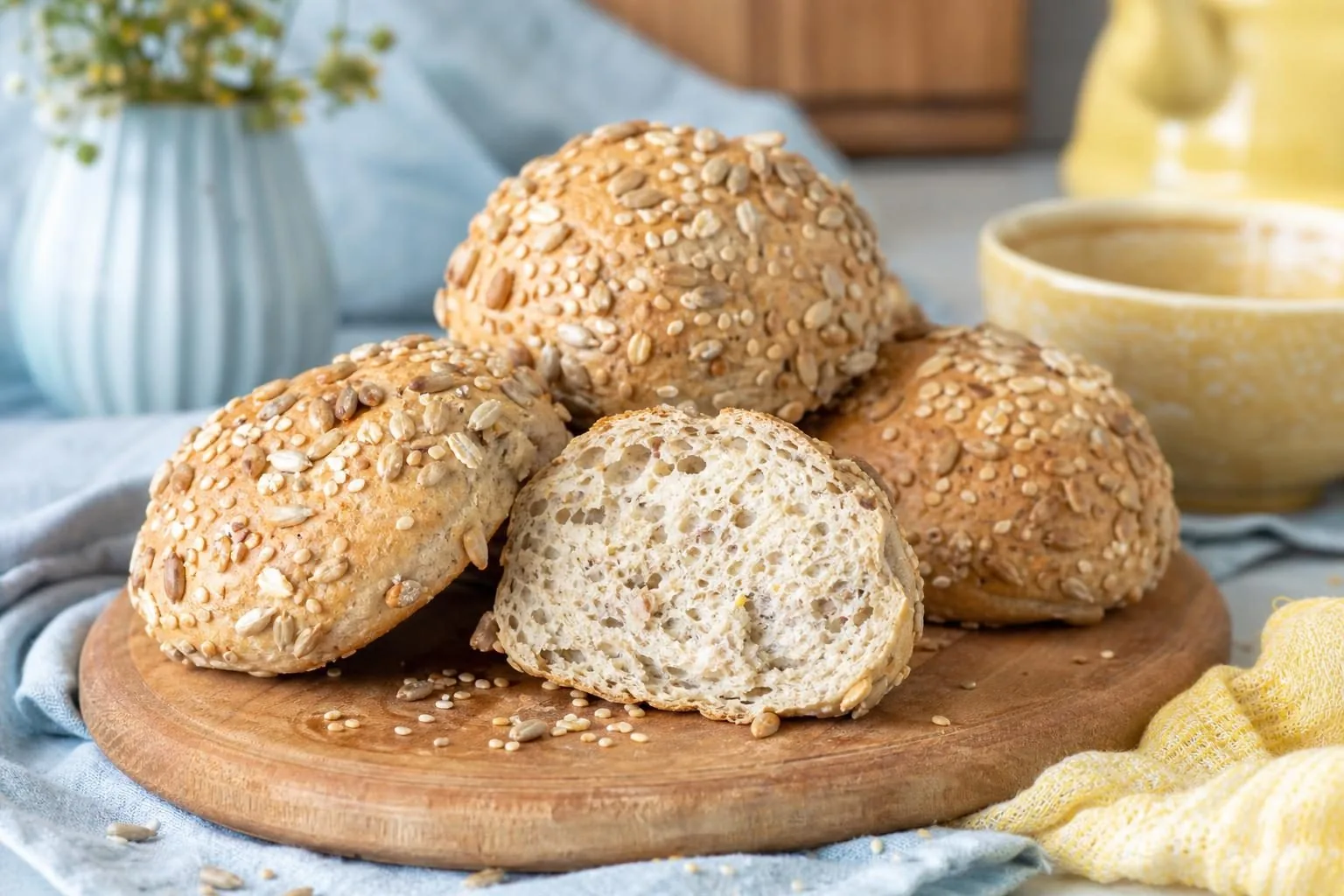 Mehrkornbrötchen mit Sonnenblumenkernen, Sesam und Haferflocken, eines aufgeschnitten (mit AI erstelltes Bild)