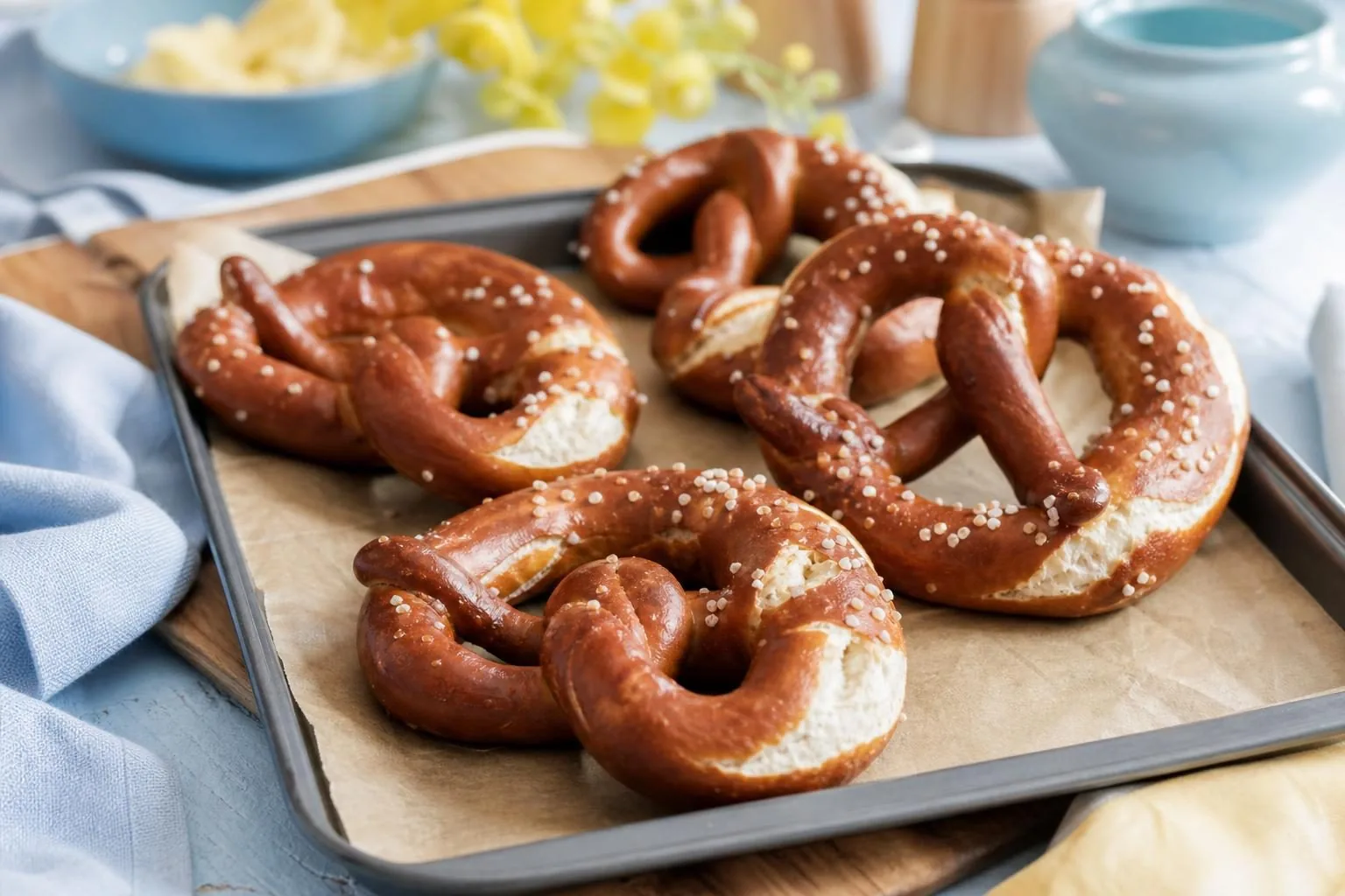 Glänzende dunkelbraune Laugenbrezeln mit grobem Salz auf einem Backblech (mit AI erstelltes Bild)
