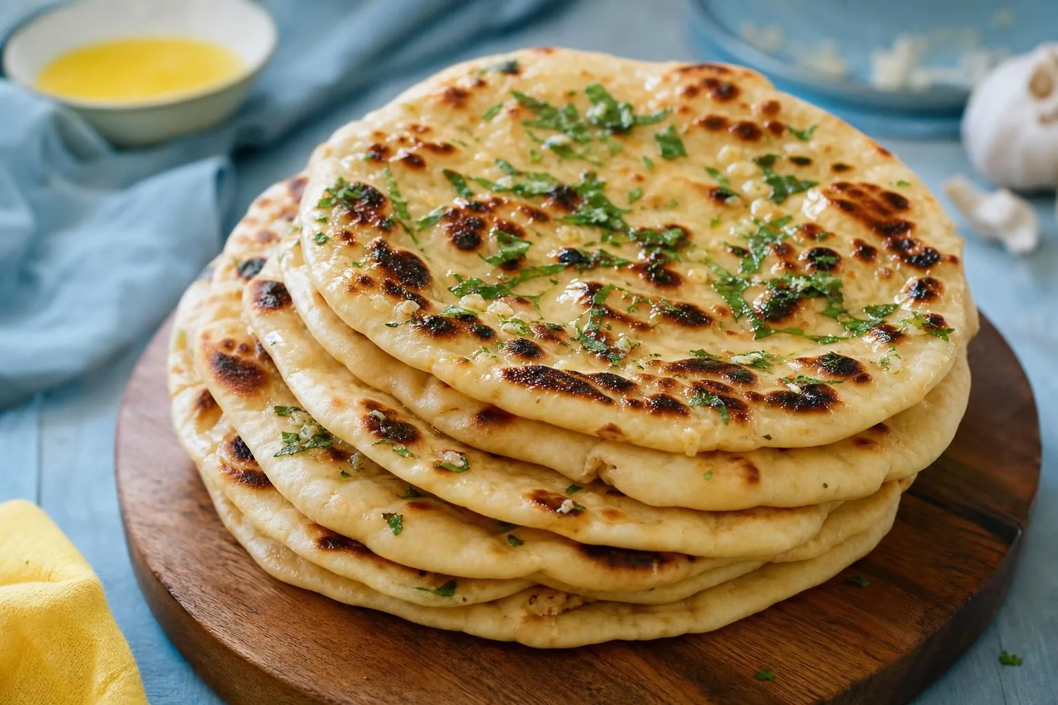 Mehrere gestapelte Naanbrote mit Blasen, Knoblauchbutter und Koriander (mit AI erstelltes Bild)