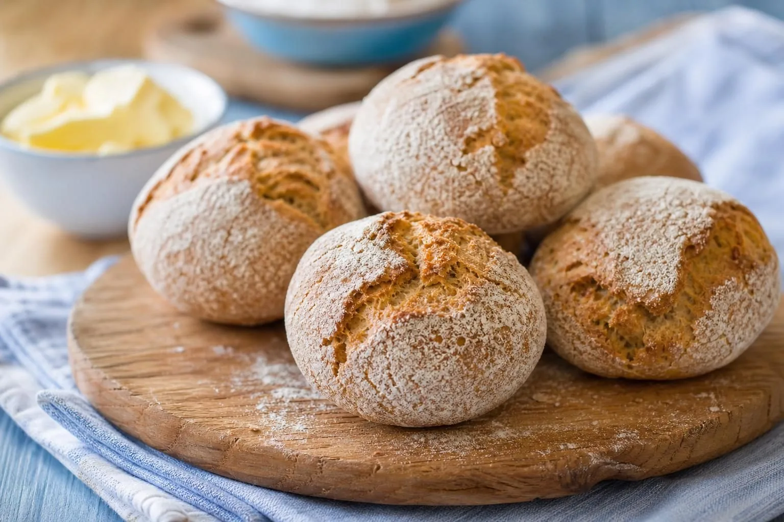 Rustikale Brötchen mit rissiger, mehliger Kruste auf einem Holzbrett (mit AI erstelltes Bild)