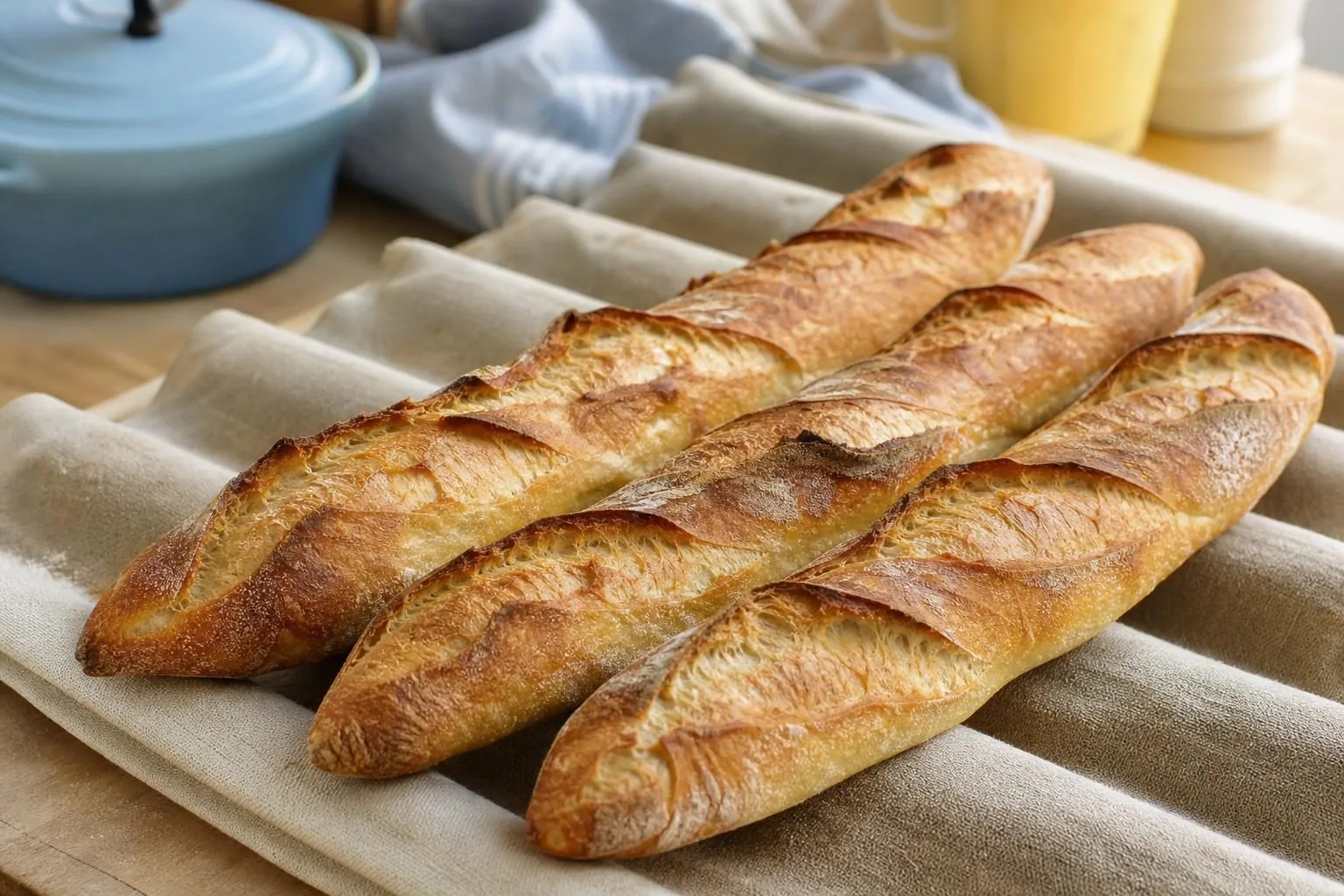 Drei knusprige Baguettes mit schrägen Einschnitten auf einem Leinentuch (mit AI erstelltes Bild)