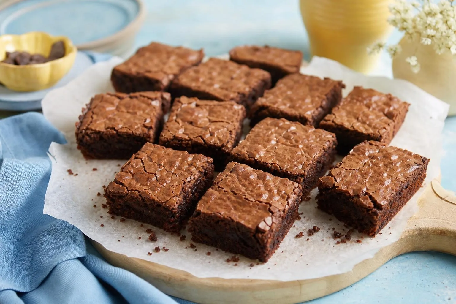 Saftige Schokoladenbrownies mit rissiger Oberfläche auf Backpapier (mit AI erstelltes Bild)