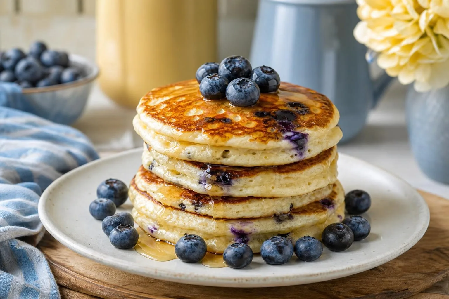 Ein Stapel lockerer Pancakes mit Heidelbeeren und etwas Ahornsirup (mit AI erstelltes Bild)