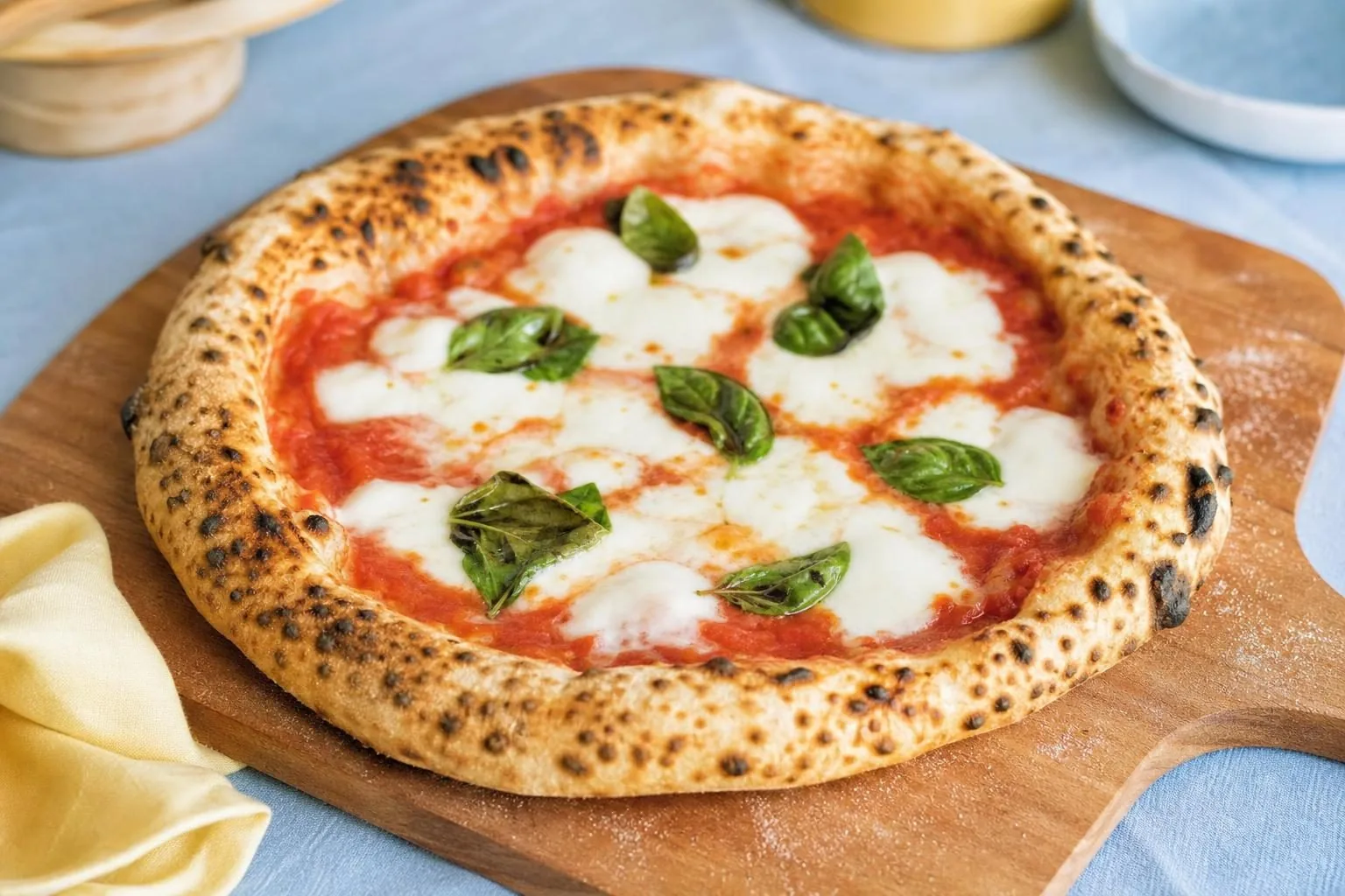 Runde Pizza Margherita mit luftigem, gesprenkeltem Rand auf einem Holzschieber (mit AI erstelltes Bild)