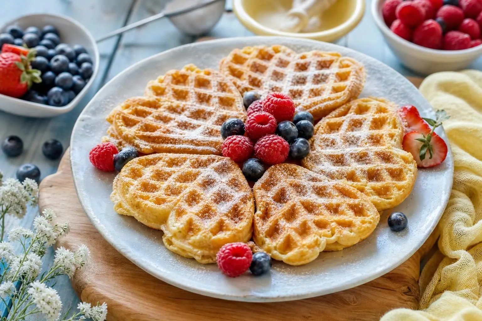 Knusprige Herzwaffeln mit Puderzucker und frischen Beeren (mit AI erstelltes Bild)