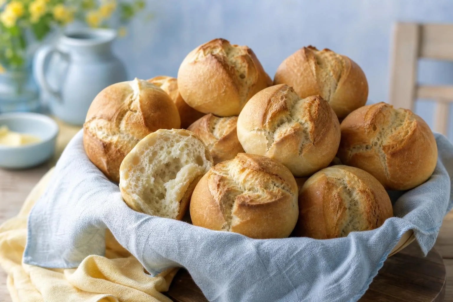 Knusprige, oben aufgerissene Brötchen in einem Korb mit Leinentuch (mit AI erstelltes Bild)