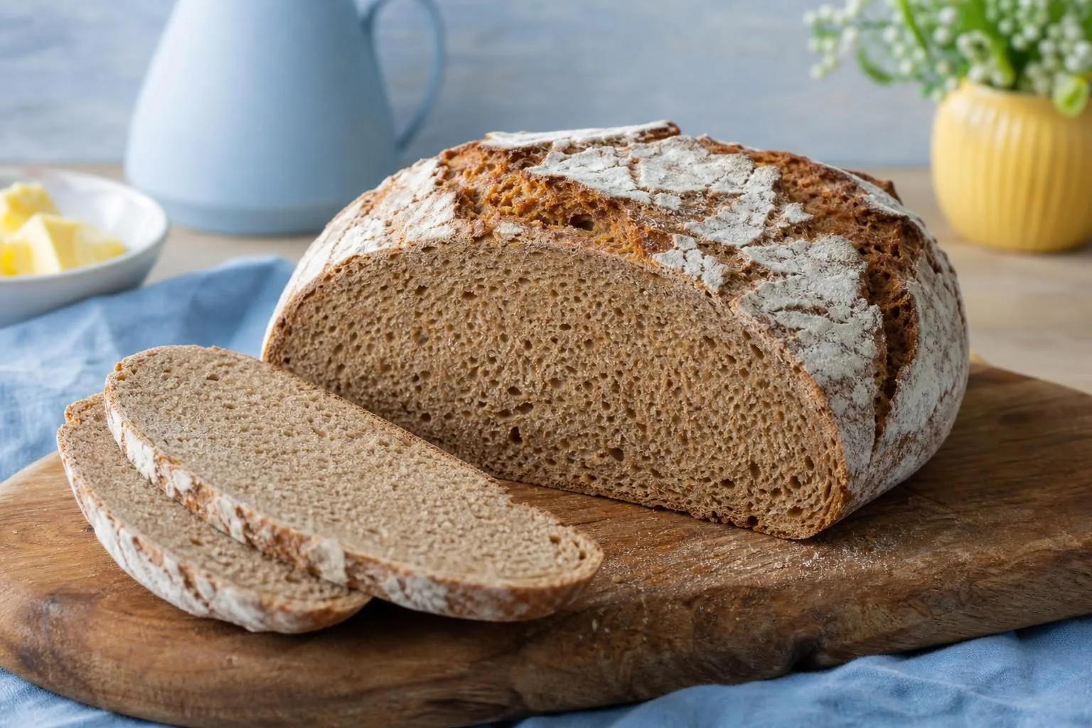 Rundes Mischbrot mit rustikaler, bemehlter Kruste, zur Hälfte aufgeschnitten (mit AI erstelltes Bild)