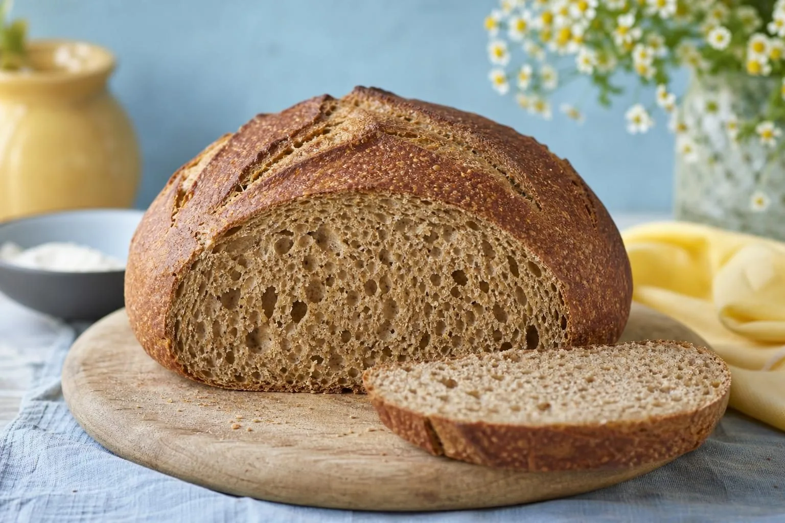 Dunkles Vollkornbrot mit eingeschnittener Kruste und angeschnittener Krume (mit AI erstelltes Bild)