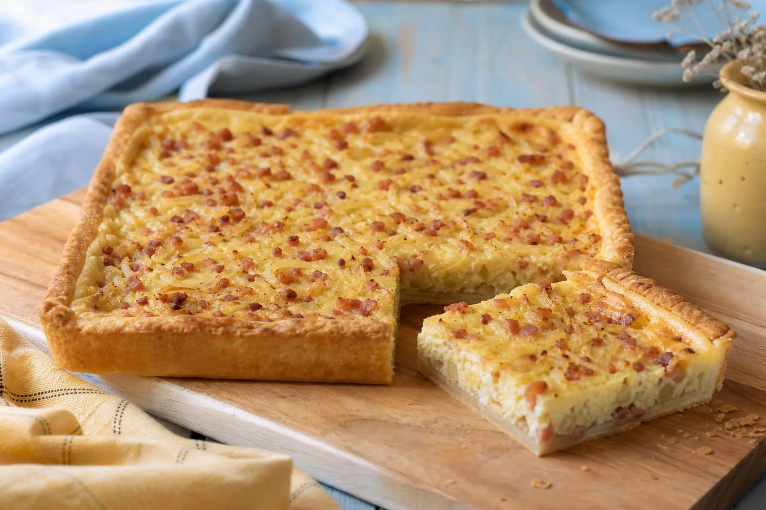 Blech-Zwiebelkuchen mit goldbrauner Füllung, ein Stück herausgeschnitten (mit AI erstelltes Bild)
